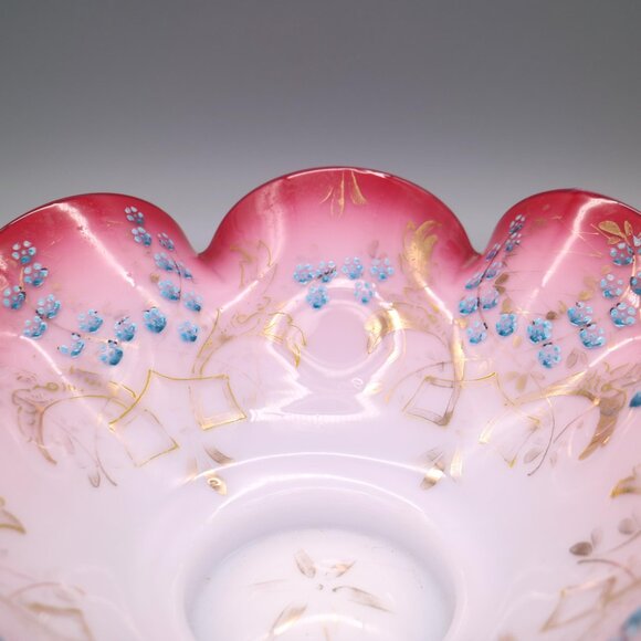 Antique Victorian Brides Basket Bowl Cranberry Pink White Cased Glass w/ Ruffles - Picture 5 of 8